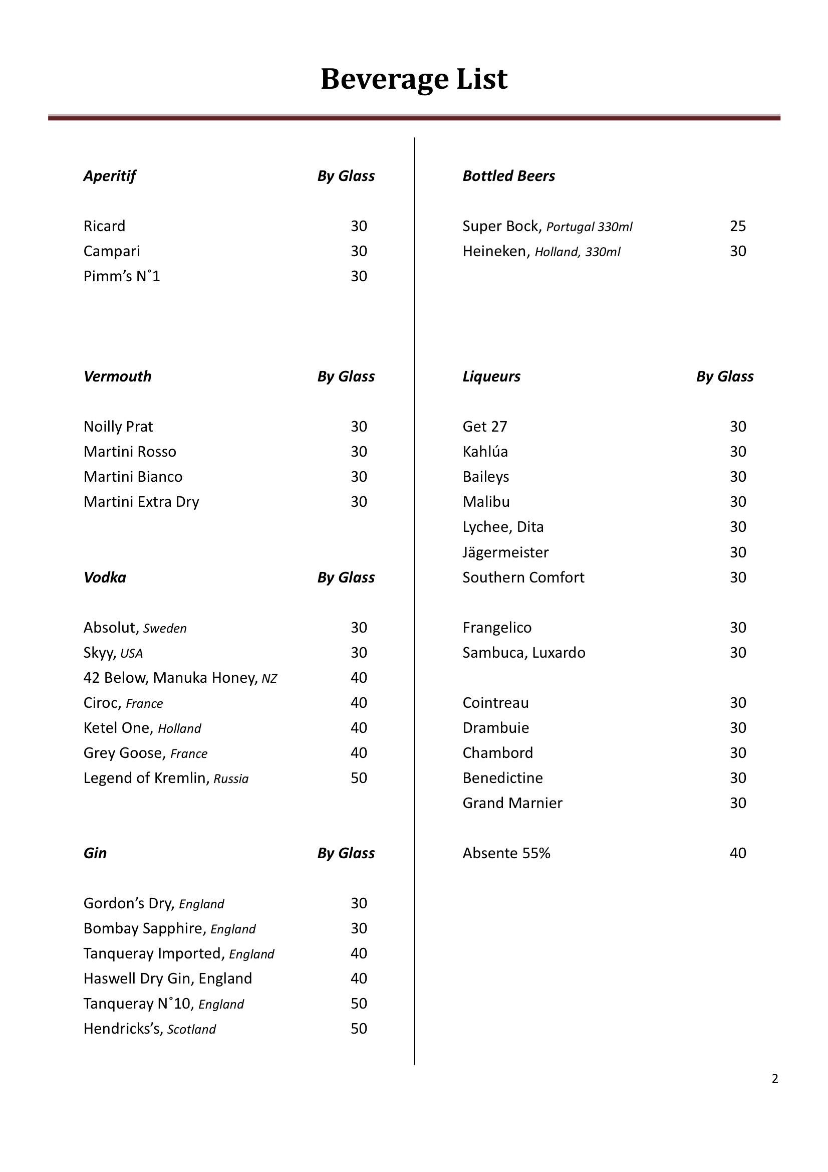 Beverage List